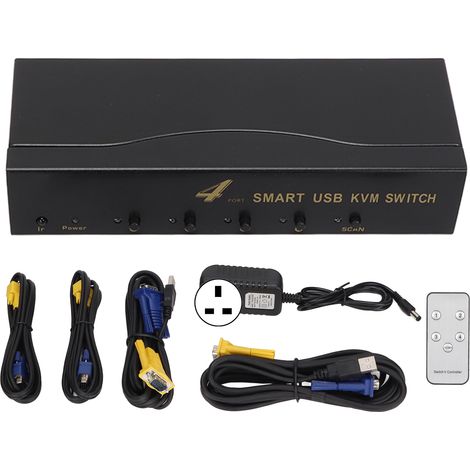 Commutateur KVM VGA 4 Ports USB, Résolution 1920x1440, 2 Modes de Commutation, Alimentation 100-240V avec Prise UK (1/5)
