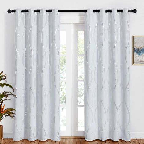 Rideaux Thermiques Blanc Cassé 132x213 cm 2 Panneaux, Motif Argenté, Œillets, Occultants et AntiUV pour Salon (1/5)
