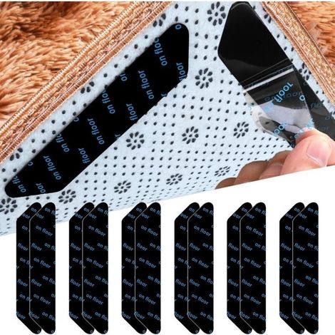 Lot de 12 rubans adhésifs antidérapants réutilisables et lavables, pour coins de tapis sur sols durs (1/5)