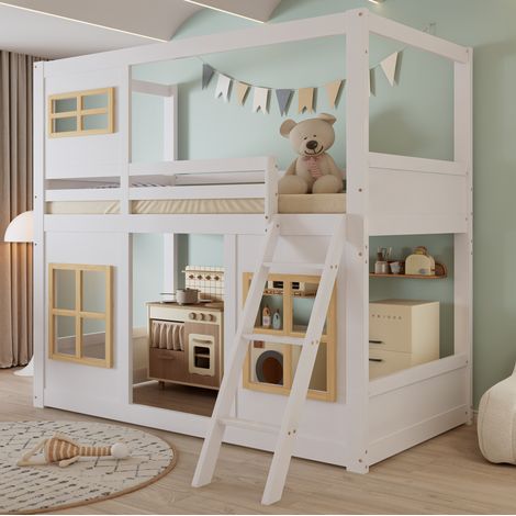 Litera infantil de madera de pino y MDF blanca y natural 90x200 cm con escalera y barandilla (1/5)
