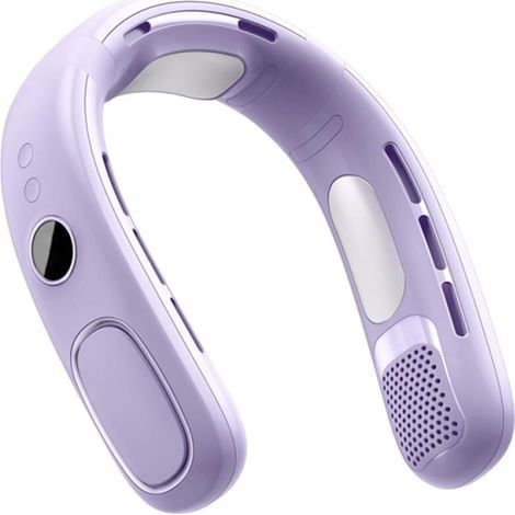Ventilatore a collo sospeso a semiconduttore, senza pale, ricaricabile, con display digitale, portatile, per adulti e bambini, viola (1/4)