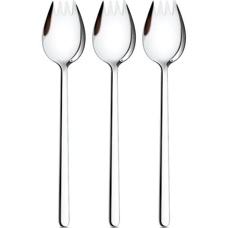 Juego de 3 piezas de acero inoxidable: tenedor y cuchara, Cuchara con mango largo, postres, pasteles, tazones, ensaladas, Plateado (1/5)