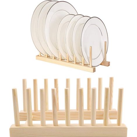 Lot de 2 étagères à vaisselle en bois pour couvercles de casserole, organiseur d'assiettes de cuisine, organiseur de placard de pour bol, tasse, planche à découper, égouttoir à vaisselle pour comptoir (1/5)