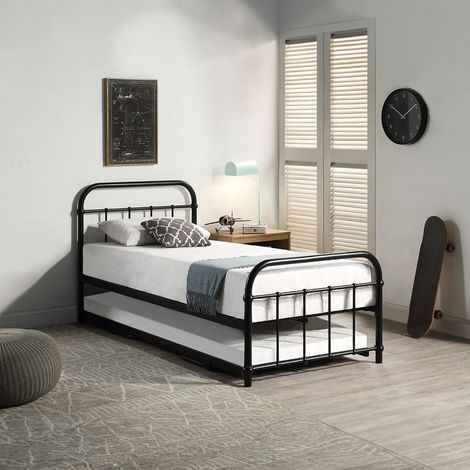 TEWIN TRADITIONAL HOSPITAL STYLE SINGLE METAL BED FRAME & GUEST TRUNDLE BLACK (1/5)