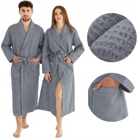 Langer, grauer, dünner Unisex-Bademantel mit Taschen, 100 % Baumwolle, schnelltrocknend, Größe M (1/5)