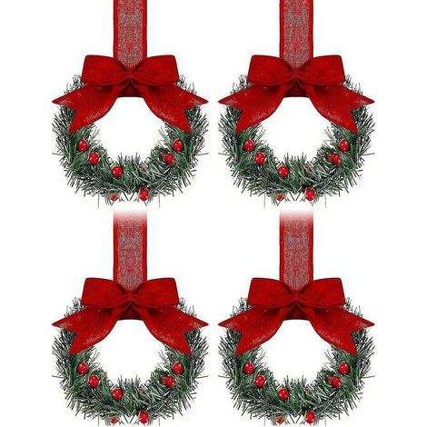Mini ghirlande natalizie, set da 4, con nastro e bacche rosse, per finestre, porte, armadi, cucina, stile rustico, decorazione natalizia di benvenuto.