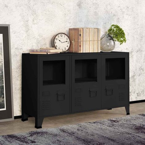 Buffet - Armoire de rangement Enfilade industriel Noir 105x35x62 cm Métal et verre BV709529 - BonneVie (1/5)