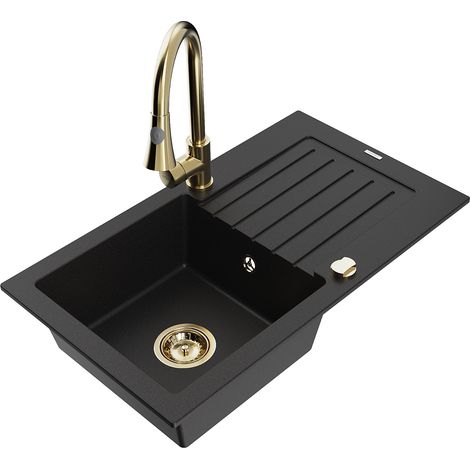 Mexen Pablo 1 Becken-Granitspüle mit Abtropffläche und Mischbatterie Elia, Schwarz - 6510-77-670101- (1/5)