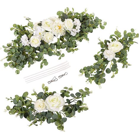 [Inklusive 3 Kabelbinder und 2 Clips weiß] Set aus drei künstlichen Blumen für Bögen, Willkommensblumen, Türsturzblumen, Wasserspielblumen, künstliche Blumen, Hochzeitsdekorationen. (1/2)