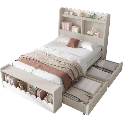 Lit enfant simple coffre 90x200 avec tiroirs, étagère et banc rangement, cadre et sommier bois, blanc et chêne, matelas non inclus, gain de place, pour chambre enfant (1/5)