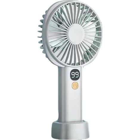 Ventilateur portable blanc, compact et pratique, rechargeable sur batterie, 5 vitesses réglables, avec indicateur de niveau de batterie et support de bureau (1/4)