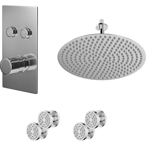 Circo Polished Chrome Push Button Diverter Concealed Thermostatic Shower Valve and 400mm Round Fixed Head with 150mm Ceiling Arm and 4 Body Jets - 2 Outlet (1/5)