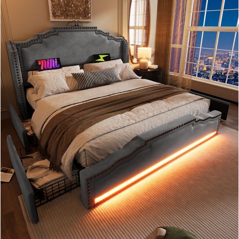 Letto adulti 180x200 cm con testiera LED, porte USB e Type-C, 4 cassetti e base in velluto, grigio, senza materasso (1/5)
