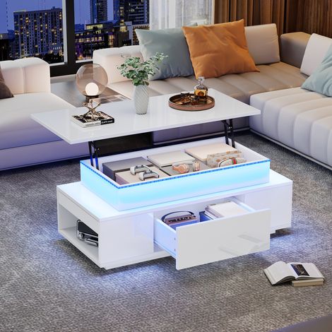 Mesa De Centro Elevable con 1 Cajón y Almacenaje Oculto, LED USB, Blanco Brillo, Estilo Moderno, 96×45×40 cm, Blanca (1/5)