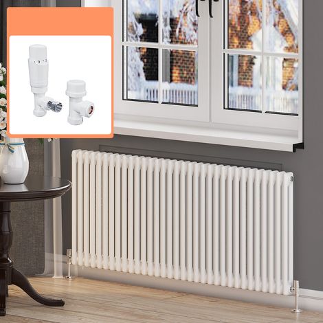 ELEGANT 600 x 1484 mm Traditional Horizontal Column Designer Radiator White Double Panel Radiators + White Thermostatic Radiator Valves (1/5)