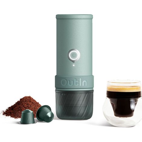 OutIn Mino Macchina da Caffè Espresso Elettrica Portatile - Verde Canyon, Riscaldante, Caffè Macinato e Adattatore Capsule NS