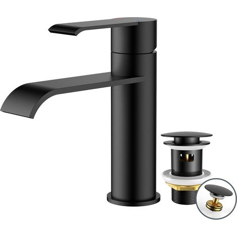 Rubinetto da bagno nero opaco con scarico, miscelatore monocomando per lavabo, miscelatore a cascata - altezza beccuccio 98 mm, design moderno a risparmio idrico (1/5)
