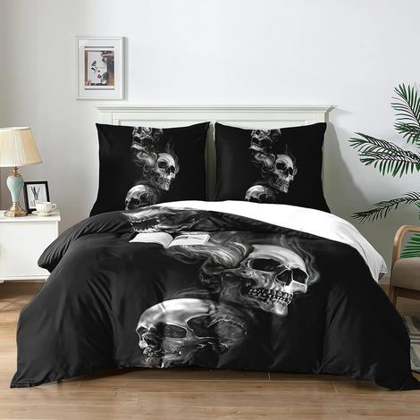 Housse de Couette Motif de Crâne 200x200 cm,Enfant Parure de lit imprimé Ensemble 3D literie Gothique, 1 crâne Housse de Couette + 2 taies d'oreiller 65 x 65 cm.(K1x200) - 200x200 (1/5)