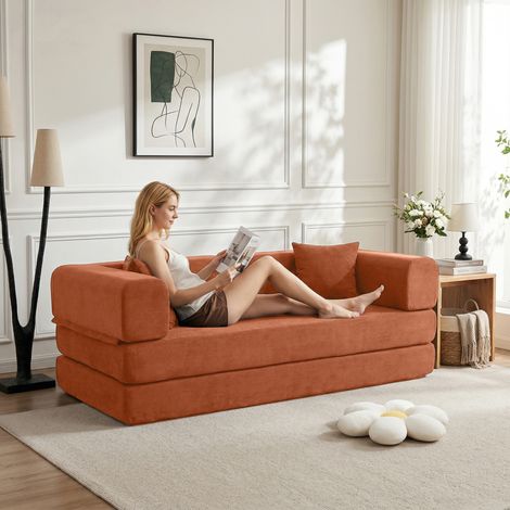 Divano letto a 3 posti 200x100x70 cm, convertibile, con cuscini, velluto a coste, arancione (1/5)