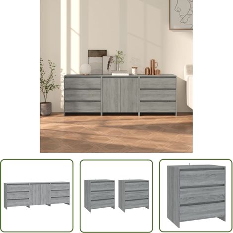 The Living Store Buffets 3 pcs Sonoma gris Bois d'ingénierie - Buffet - Meuble De Rangement - Commode - Salon - Chambre (1/5)