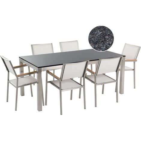Set da Giardino Piano in Granito Fiammato 6 Sedie Bianche 180 x 90 cm Grosseto