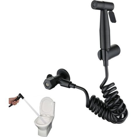 Ensemble douchette bidet en acier inoxydable, comprenant une douchette, un flexible de 2 m, un raccord en T et un support mural, douchette, noir (1/5)