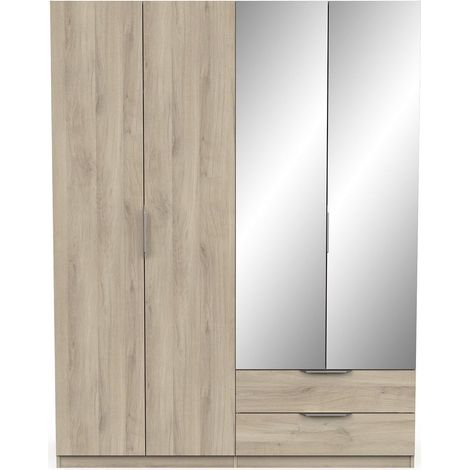 Grande Armoire Chambre Adulte 4 Portes Avec 2 Miroirs 2 Tiroirs & 6 Niches – Coloris Chêne Kronberg & Finitions Argent - 157 x 203 x 51 cm (1/5)