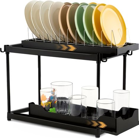 Egouttoir Vaisselle Cuisine à 2 Niveaux, Egouttoir Vaisselle en Acier Inoxydable, Conception Coulissante, avec Porte-Ustensiles et Bac d’Égouttement Amovible, Égouttoir Comptoir, 40×20×37cm (1/5)