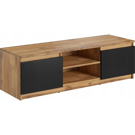 Meuble TV simple de 120 cm, pour TV, 2 placards et étagères, noir mat Wotan (1/5)