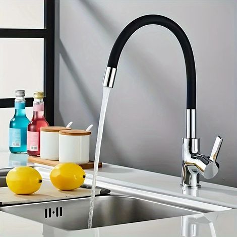 Rubinetto da cucina con beccuccio flessibile, nero, girevole a 360°, miscelatore ad alta pressione per lavelli singoli/doppi, nero (1/5)