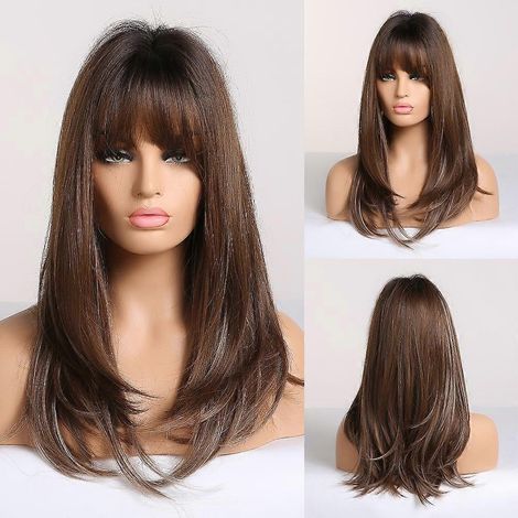 Perruque longue et lisse, effet ombré blond platine, style Lolita naturel, avec frange, pour femme. Résistante à la chaleur.