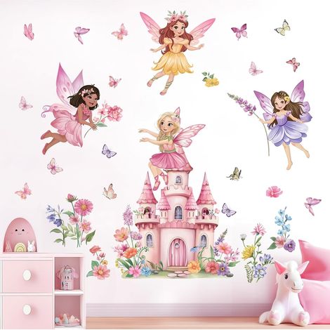 Stickers Muraux Fée Fleur Château Autocollants Muraux Papillons (1/5)