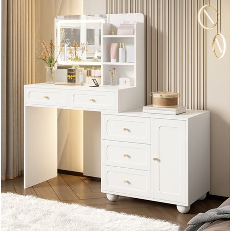 Tavolo da trucco in legno ingegnerizzato e bambù bianco, con specchio LED, 5 cassetti e 1 anta (1/5)