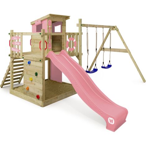 Parque infantil de madera Wickey Smart Camp con Casita de juegos y Columpio en rosa claro