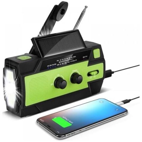 Radio Solaire à Manivelle Portable Radio Dynamo Rechargeable avec AM/FM/WB Batterie Rechargeable Intégrée 4000mAh 4 Modes Lampe de Poche LED Alarme SOS pour Urgence en Plein Air,Vert (1/5)