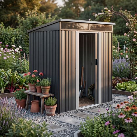 Gardebruk Cobertizo de jardín 3,4 m³ Antracita 196x122x180cm Caseta de Herramientas con Puerta corrediza ventanas y zócalo (1/5)