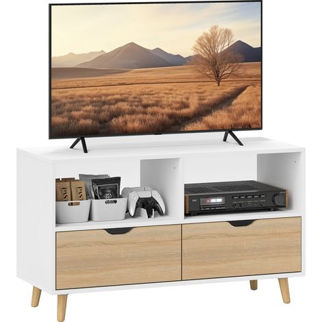 Meuble TV commode TV avec tiroirs etageres ouvertes bois 99 x 39 x 58 cm blanc (1/5)