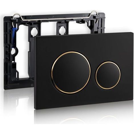 Plaque de commande WC Geberit Sigma20 – Rinçage double touche noir mat laqué avec anneaux chromés dorés – Compatible systèmes Geberit – Ackerman