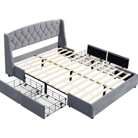 Samt Polsterbett Grau 140 x 200 cm mit Lattenrost und 4 Bettschubkästen (1/5)