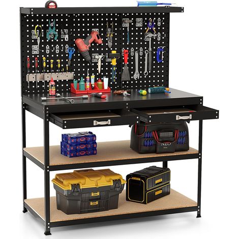 COSTWAY Banco da Lavoro con Piano da 120 x 60 cm, Banco da Lavoro Officina con Pannello Forato e 24 Ganci Porta Attrezzi, Tavolo da Lavoro per Garage con 2 Cassetti e 2 Mensole (Nero) (1/5)