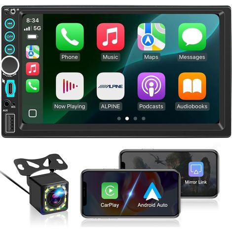 Autoradio 2 DIN Bluetooth avec Double Din 7 Pouces HD Écran Tactile, FM Radio, Miroir Link, Caméra de Recul, EQ, Type-C, USB, SWC, Navigation GPS, Contrôle Vocal (1/5)