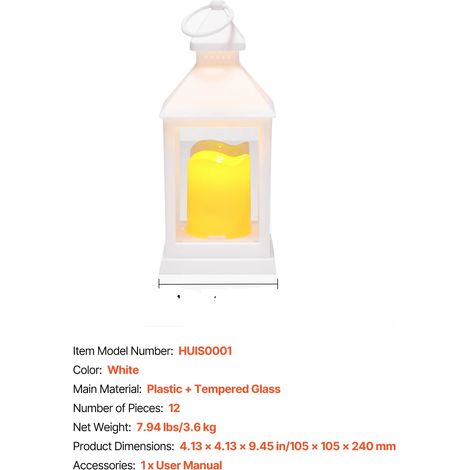 Farol decorativo, luz LED, seguridad sin llama, 25 cm (10 pulgadas), blanco. (1/2)