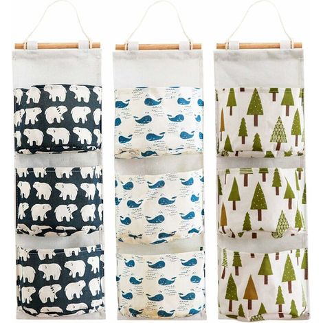 3 Stück hängende Aufbewahrungstasche mit 3 Taschen, Stoff-Wandregal, Korb, Aufbewahrungstasche, Organizer für Schlafzimmer, Badezimmer, Küche – wasserdicht und stilvoll (Bär/Baum/Wal)
