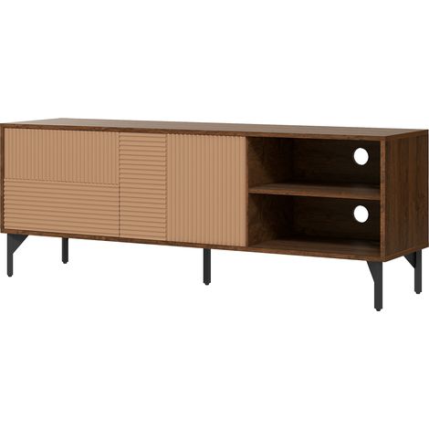 Meuble TV 65 pouces avec rangements, 2 placards et compartiments ouverts, passe-câbles, bois marron 150x40x56 cm