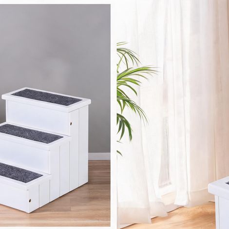 Escalier pour animaux 3 marches en bois blanc avec revêtement (1/5)