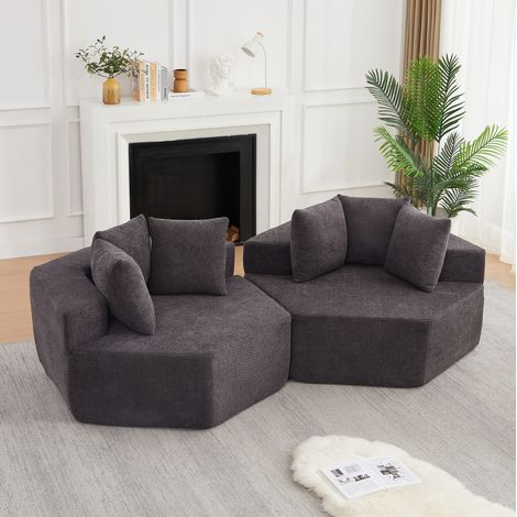 Poltrona lounge esagonale, design modulare, con 3 cuscini, tessuto chenille, grigio (1/5)