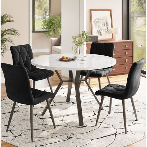 Conjunto de mesa y sillas 5 piezas, 100 cm, efecto mármol blanco, MDF y metal negro HAVRYA (1/5)