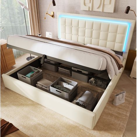 Lit coffre 140x200 avec LED, PU blanc et bois HAVRYA (1/5)