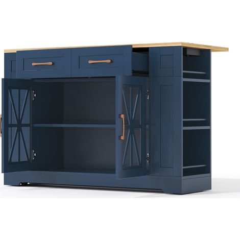Îlot de cuisine mobile 120 cm avec table pliante, rangement vitré, prises AC et USB, roulettes freinables (1/5)
