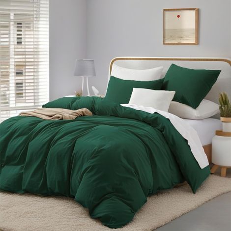 Parure de lit 135x200cm Coton Vert 2 Pièces Vert Foncé Couleur Lin Uni Couleur Unie Ensemble de Literie pour Lit Simple Housse de Couette et Taies d'oreiller 80x80cm avec Fermeture Éclair (1/5)